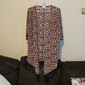 Floral Open-Front Kimono with Fringe